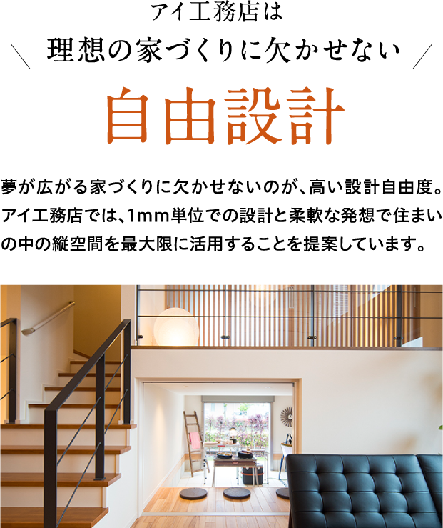 アイ工務店は理想の家づくりに欠かせない自由設計　夢が広がる家づくりに欠かせないのが、高い設計自由度。アイ工務店では、1ｍｍ単位での設計と柔軟な発想で住まいの中の縦空間を最大限に活用することを提案しています。
